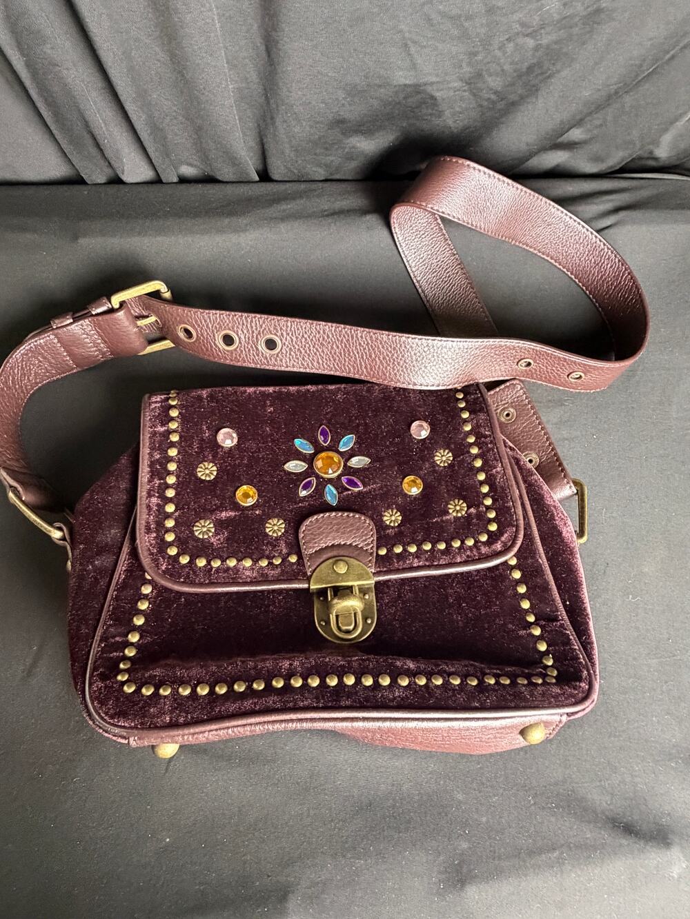 Y2K Maxximum Purple Velvet Studded Rhinestone Leather Flap Shoulder Bag